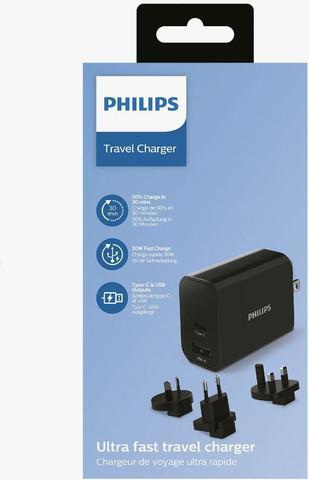 מטען אוניברסלי PHILIPS 30W עם ראשים מתחלפים וחיבור USB-C